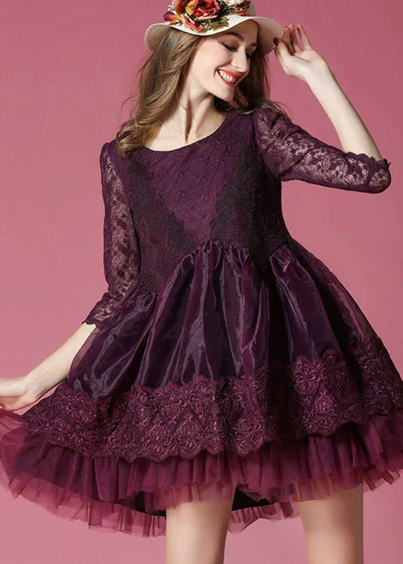 summer Mimi dresses with short sleevesBoho Dark Purple Embroideried Lace Patchwork Organza Mini Dresses Summer