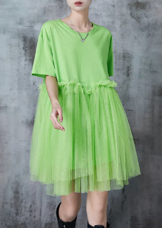 trendy Mimi dresses for InstagramChic Grass Green Oversized Patchwork Tulle Mini Dresses Summer