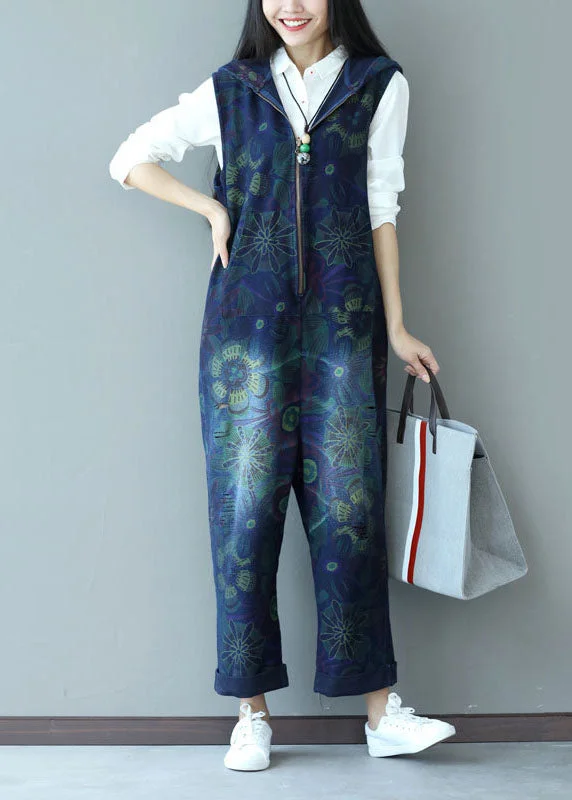 women's jumpsuits for date nightsStylish Navy Zippered Hooded Print Denim Jumpsuits Spring