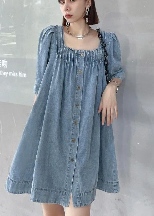 cute Mimi dresses for girlsItalian Light Blue Square Collar Button Denim Summer Mini Dress