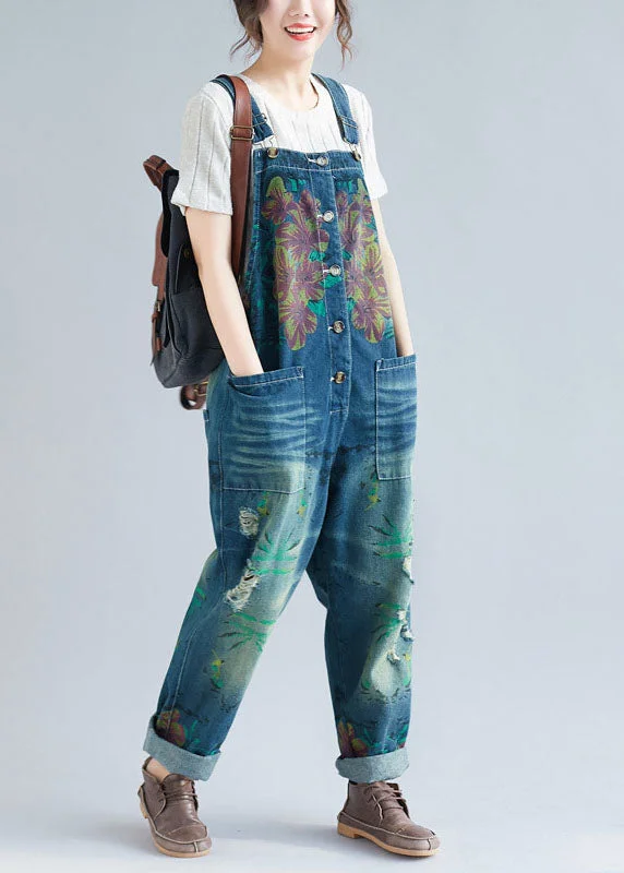 women's jumpsuits for maternity wearWomen Blue Pockets Patchwork Print Denim Jumpsuit Spring