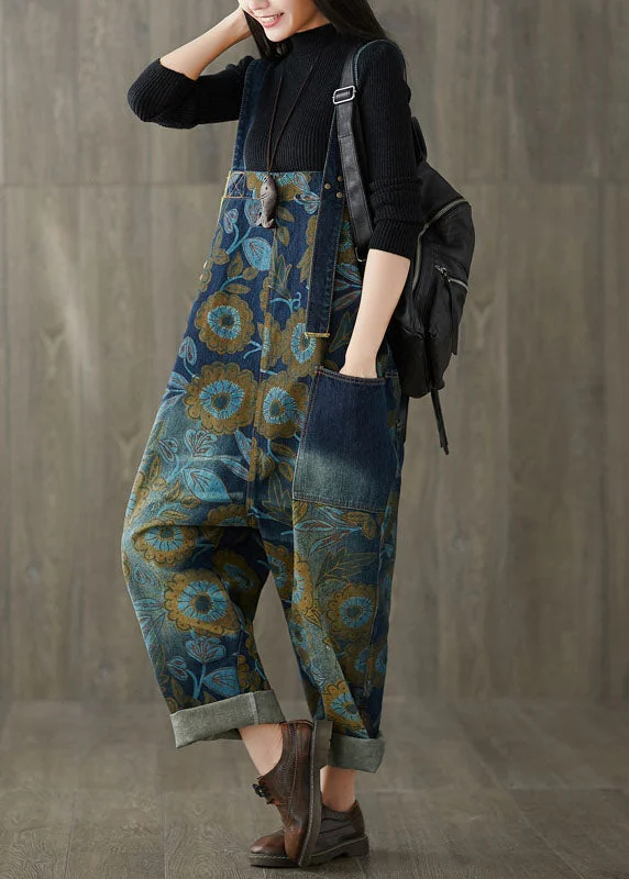 women's jumpsuits for plus-size figuresLoose Blue Patchwork Print Denim Wide Leg Jumpsuit Spring