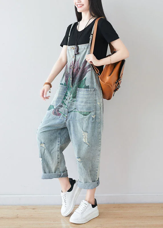 women's jumpsuits for business meetingsFine Blue Patchwork Pockets Print Denim Jumpsuit Summer