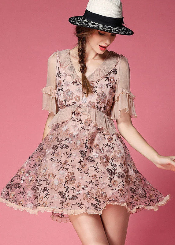 size-inclusive Mimi dresses for all body typesPink Patchwork Tulle Mini Dress V Neck Ruffled Embroideried Short Sleeve