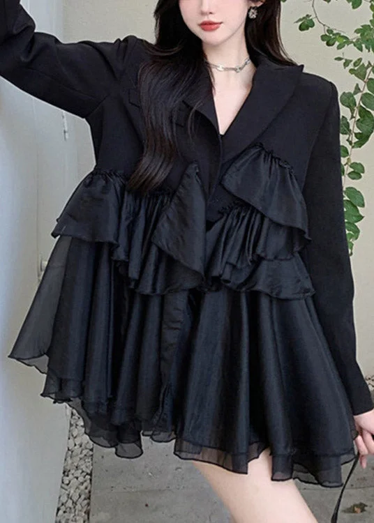 colorful Mimi dresses collectionSexy Black Notched Asymmetrical Patchwork Mini Pleated Dress Long Sleeve