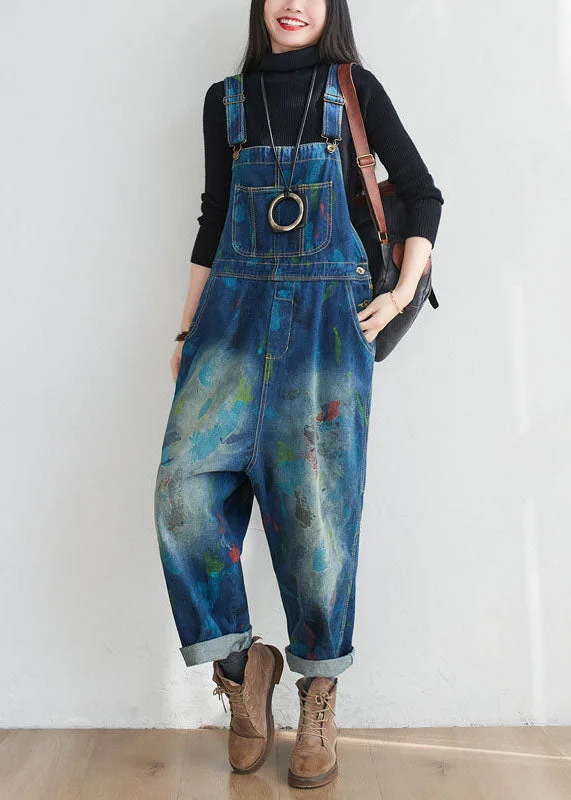 women's jumpsuits for tall womenVintage Blue Patchwork Print Denim Jumpsuit Spring