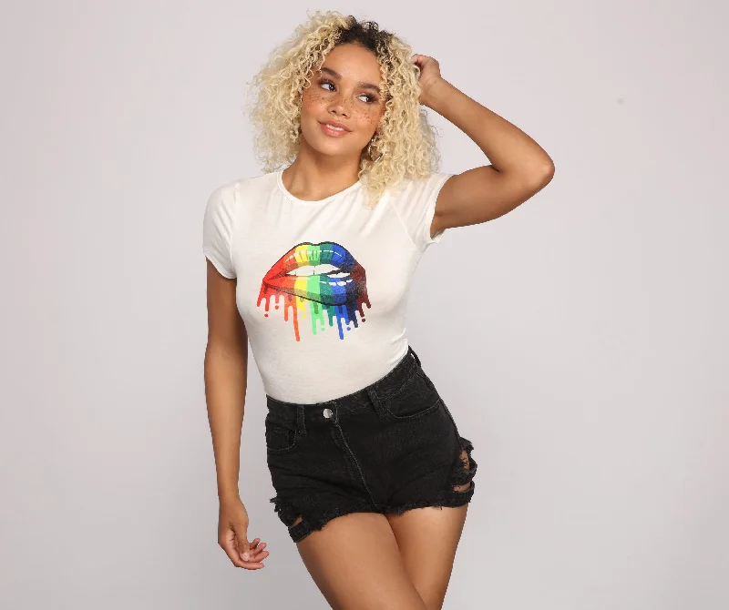 women's T-shirts with long sleevesRainbow Lip Glam Graphic Tee