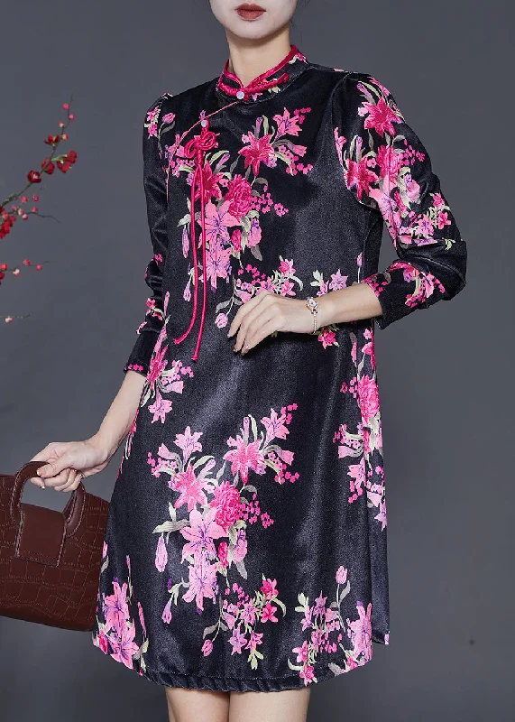 summer lace Mimi dresses for warm weatherChinese Style Black Print Silk Velvet Mini Dresses Spring