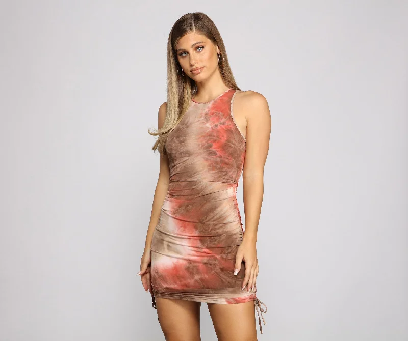 colorful and playful Mimi dresses for a pop of personalityDrawn To Tie Charming Dye Ruched Mini Dress