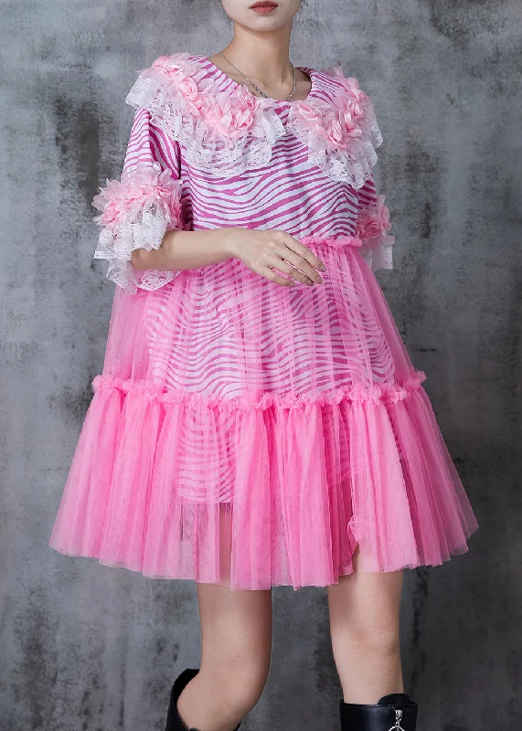 casual cotton Mimi dresses for daily wearBoho Pink Striped Patchwork Floral Tulle Mini Dress Summer