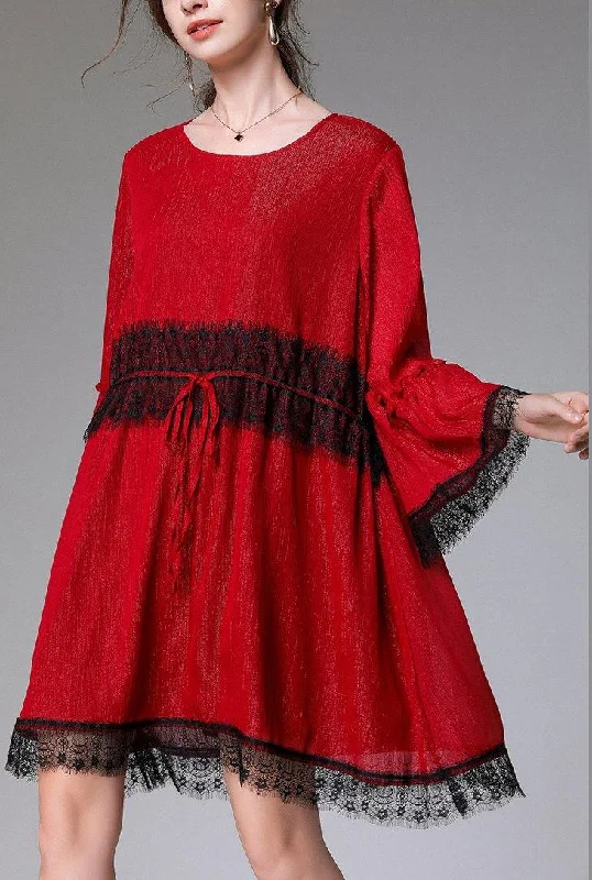 sustainable cotton Mimi dresses for eco-conscious fashionHandmade Red Patchwork Chiffon flare sleeve Summer Mini Dresses