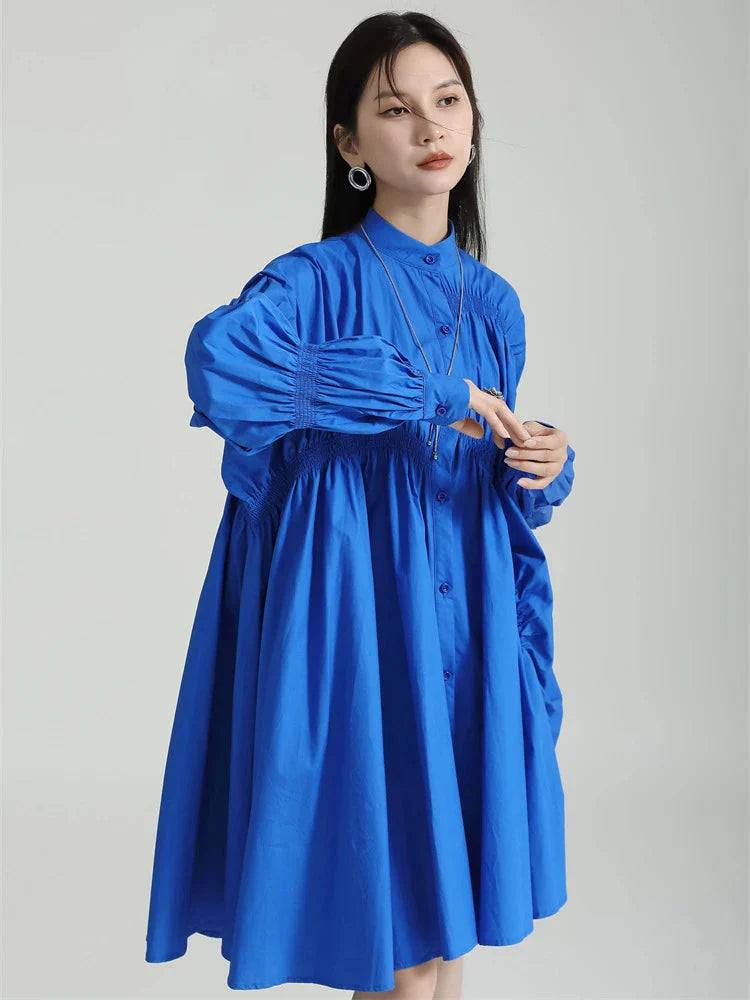 women's stylish dressesHotaru Long Sleeve Pleated Shirt Dress - Blue