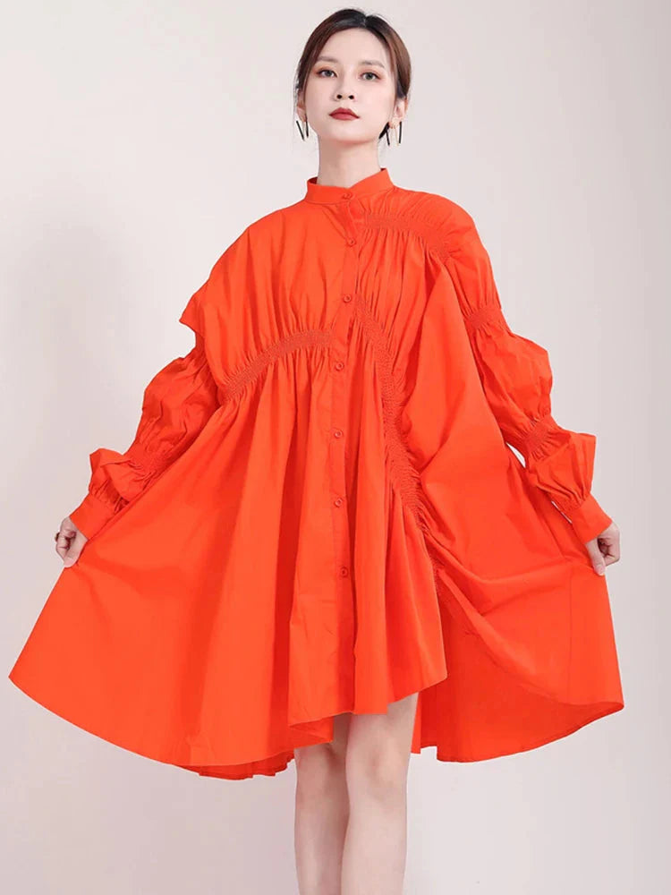 women's designer dressesHotaru Long Sleeve Pleated Shirt Dress - Orange