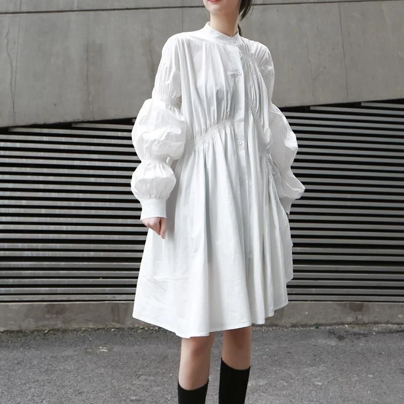 women's statement dressesHotaru Long Sleeve Pleated Shirt Dress - White