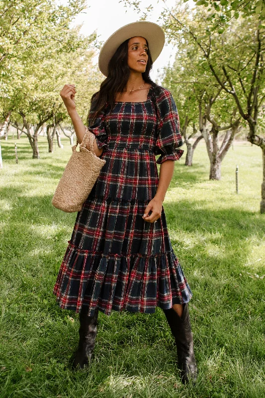 women's striped dressesMadeline Dress in Navy Plaid