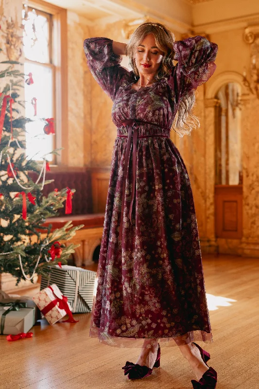 women's flutter-sleeved dressesPersephone Dress in Maroon Floral