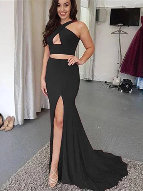 illusion sleeve prom dresses2 Pieces Jersey Prom Dresses, Mermaid Prom Dresses, Side Silt Prom Dresses, Simple Prom Dresses