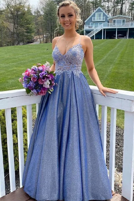 long prom dressesA-line Blue Straps Appliques Long Prom Dress