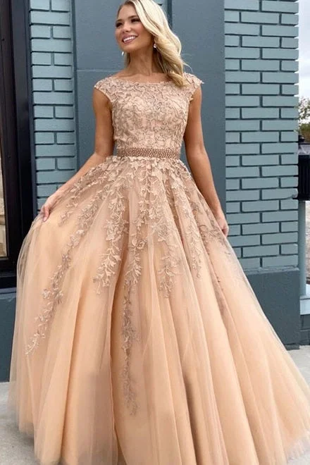 prom dress accessoriesA-Line Empire-Waist Sleeveless Appliques Lace-Up Champagne Long Prom Dress