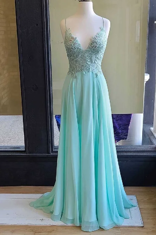 prom dress shopping tipsA-line Mint Green Appliques Chiffon Long Prom Dress