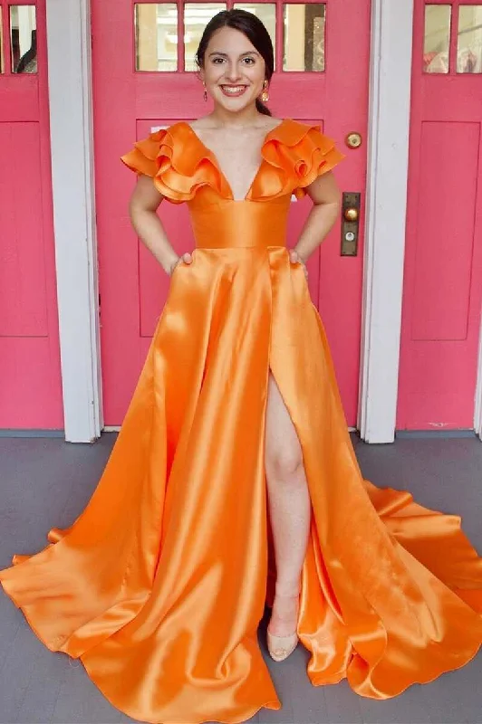 budget-friendly prom dressesA Line Orange V-Neck Ruffled Sleeve Empire Long Prom Dress