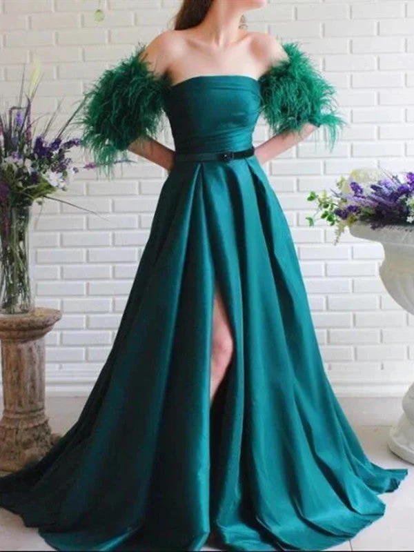 two-piece prom dressesA-line Popular Feather Long Prom Dresses, High Slit 2020 Long Prom Dresses