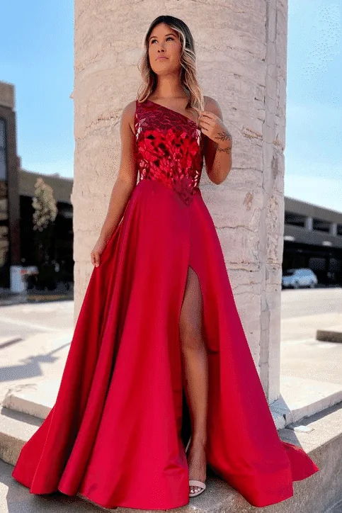 prom dresses with sheer overlaysA-Line Red One Shoulder Mirror-Cut Sequins Long Prom Dress with Slit