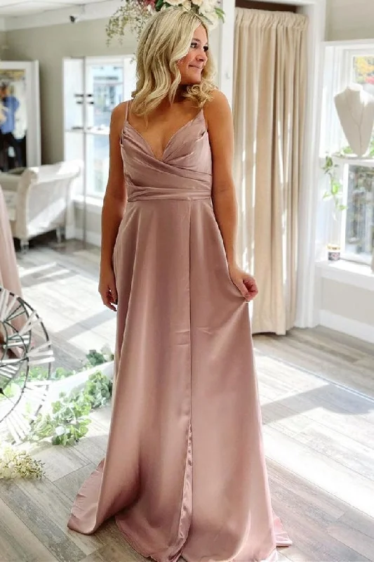 lace-up prom dressesA-Line  Satin Pleated V-Neck Backless Long Prom Dress