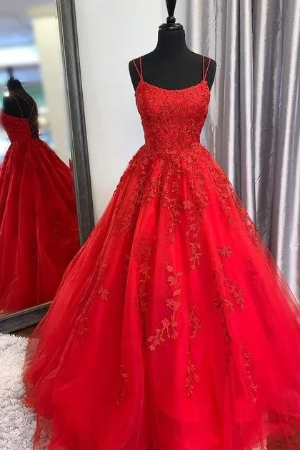 ball gown prom dressesA-Line Spaghetti Straps Appliques Tulle Long Prom Formal Dress