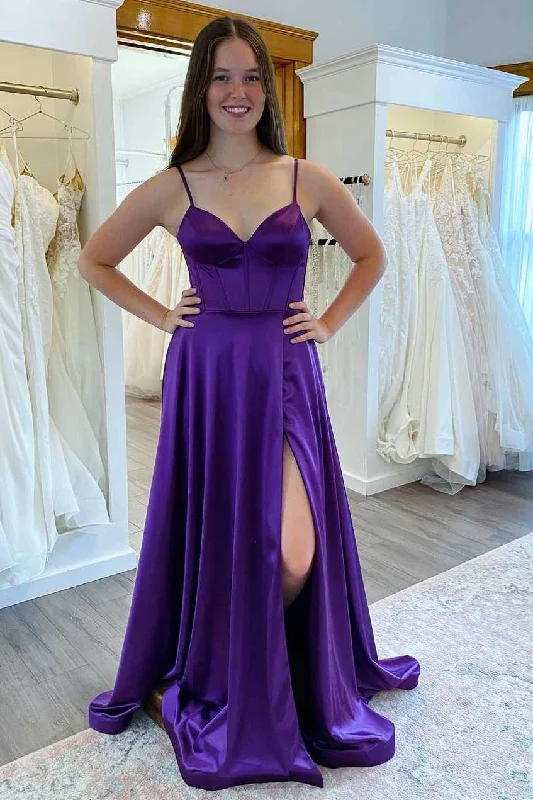 empire waist prom dressesA-Line Spaghetti Straps V-Neck Sleeveless Pleated Long Prom Dress with Slit