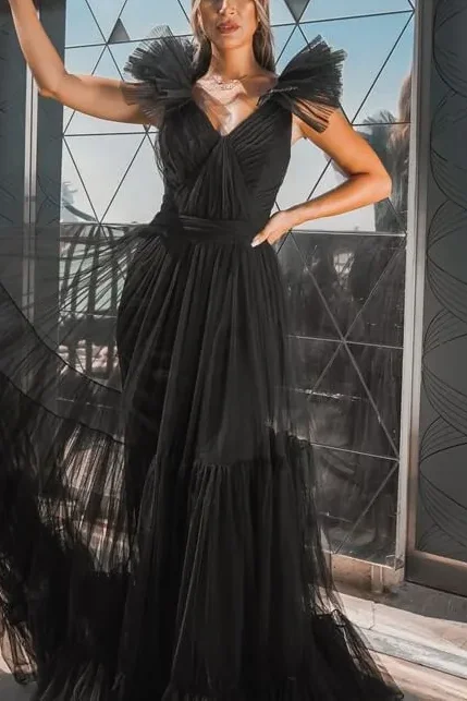 prom dress inspiration galleriesA-Line Straps V-Neck Pleated Tulle Sleeveless Black Long Prom Dress