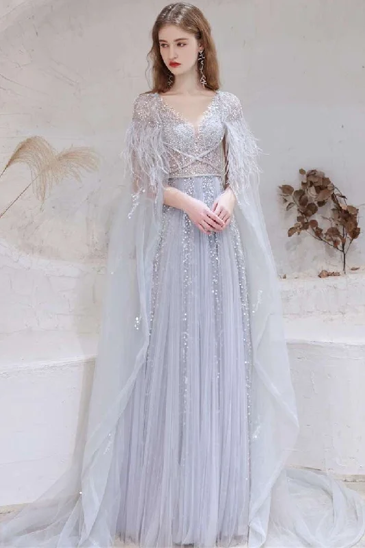 prom dress accessoriesA-line Tulle V-neck Prom Gown with Feather Cape