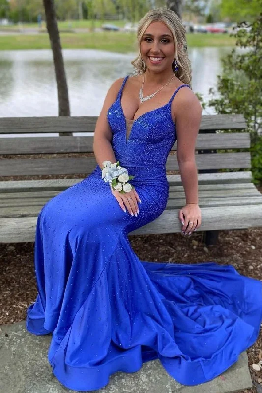 beaded prom dressesBeaded Royal Blue Mermaid Long Prom Dress