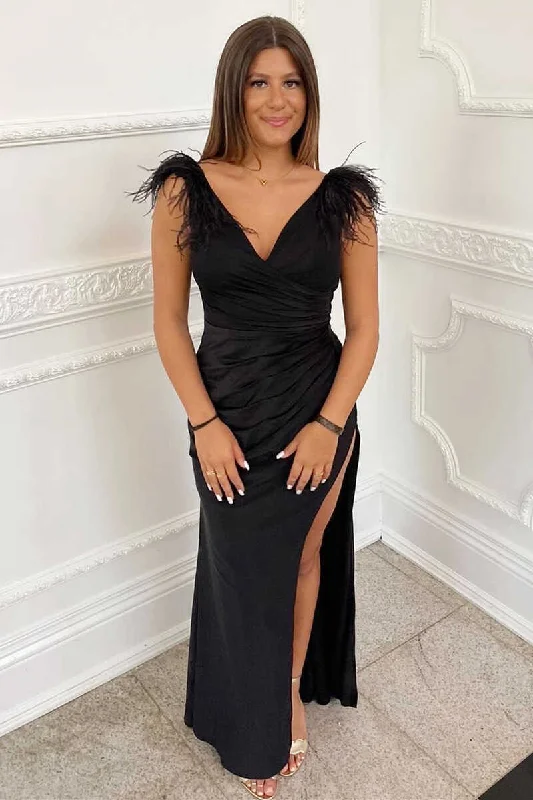 pastel prom dressesBlack Feather V-Neck Long Prom Dress with Slit