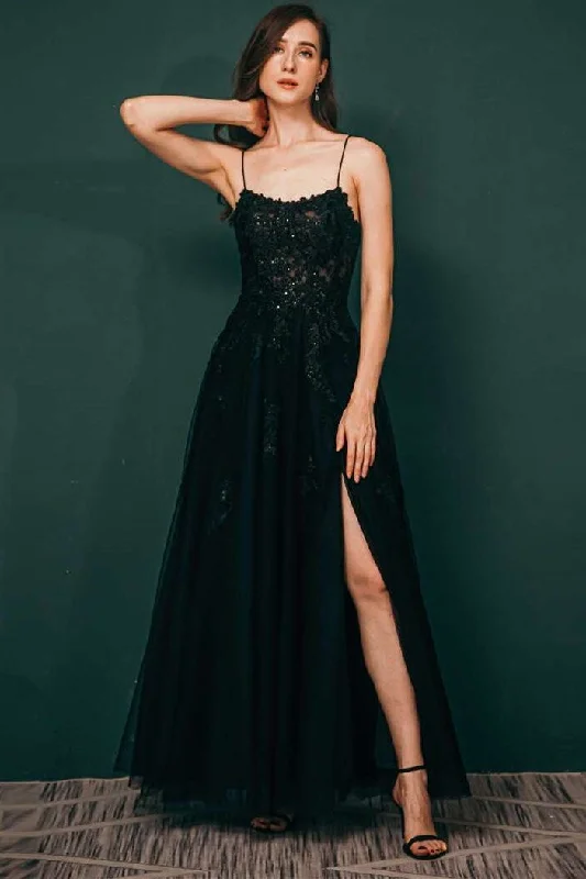 prom dresses for winterBlack Tulle Apliques Lace-Up Prom Dress