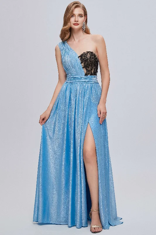 flutter sleeve prom dressesBlue One-Shoulder Bustier A-Line Long Prom Gown