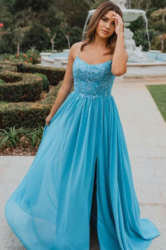 classic prom dressesBlue Straps Appliques Lace-Up Back Prom Dress