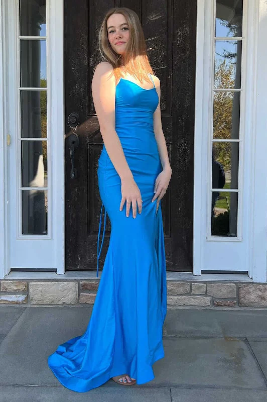 convertible prom dressesBlue Straps Lace-Up Mermaid Long Prom Gown