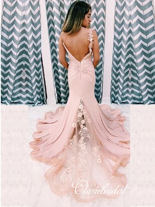 lace-up prom dressesBlush Pink Jersey Appliques Prom Dresses, Mermaid Prom Dresses, Long Prom Dresses