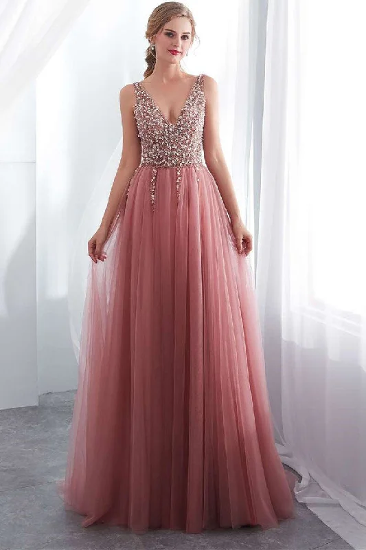 prom dresses for plus-size figuresBlush Pink V-neck Beaded Tulle Prom Dress