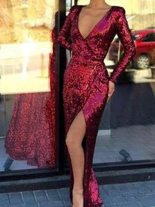 high-low prom dressesBurgundy Sequin Long Sheath Prom Dresses, High Side Slit Prom Dresses, Prom Dresses