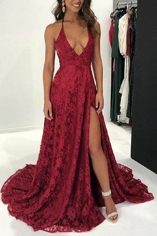 prom dresses for springBurgundy Spaghetti Straps V-Neck Lace High Slit Long Prom Dress