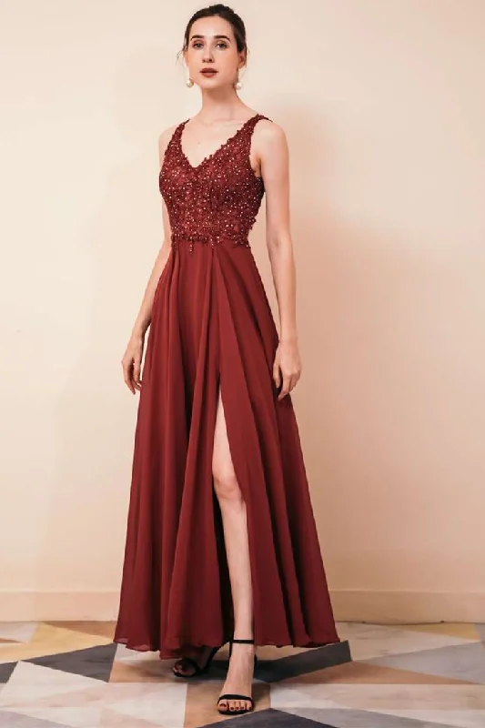 prom dress color trendsChiffon V-neck High Side Slit Prom Gown with Applique