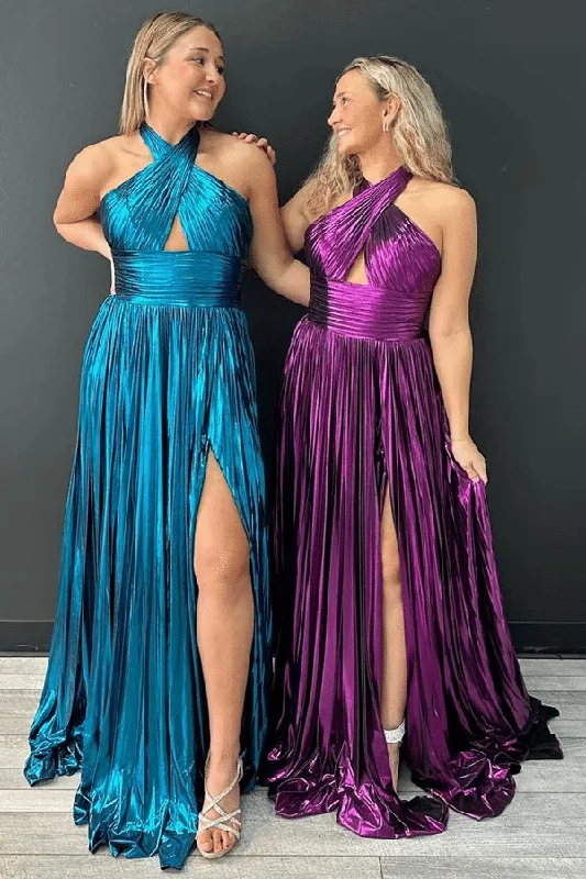 prom dresses for fallCross-Neck A-Line Pleated Metallic Sleeveless Long Prom Formal Dress