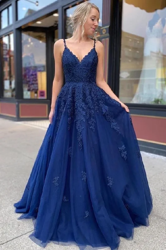 prom dresses for apple shapesDark Blue Lace Appliqués V-Neck Lace-Up A-Line Prom Dress