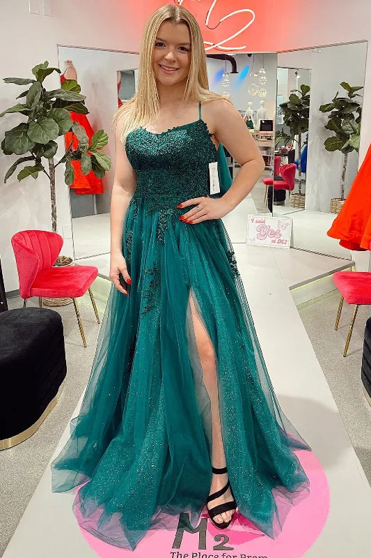 prom dress style guidesDark Green Appliques Backless Long Prom Dress with Slit