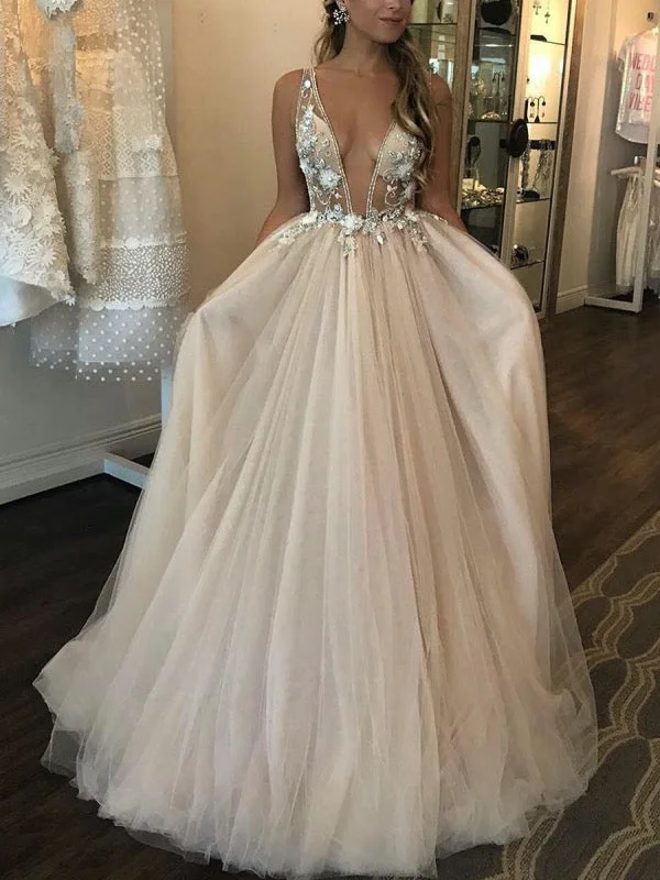 prom dresses for short girlsDeep V-neck Beaded Tulle Prom Dresses, Elegant Floral 2020 Newest Long Prom Dresses