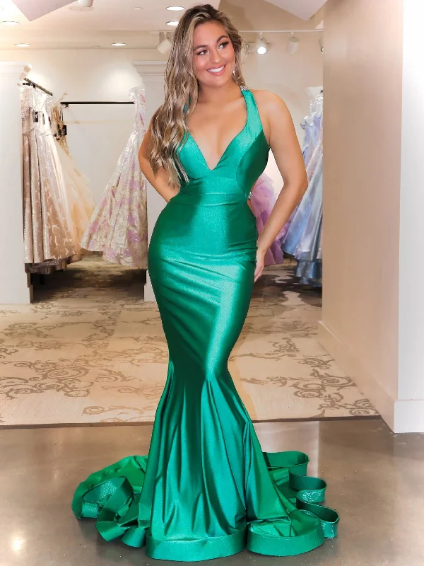 flowy prom dressesDeep V-neck Long Mermaid Green Satin Prom Dresses, Popular 2020 Prom Dresses, Long Prom Dresses