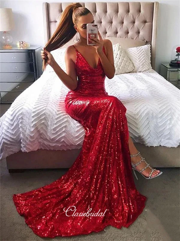 halter neck prom dressesDeep V-neck Sexy Long Prom Dresses, Sequins Mermaid 2020 Newest Prom Dresses