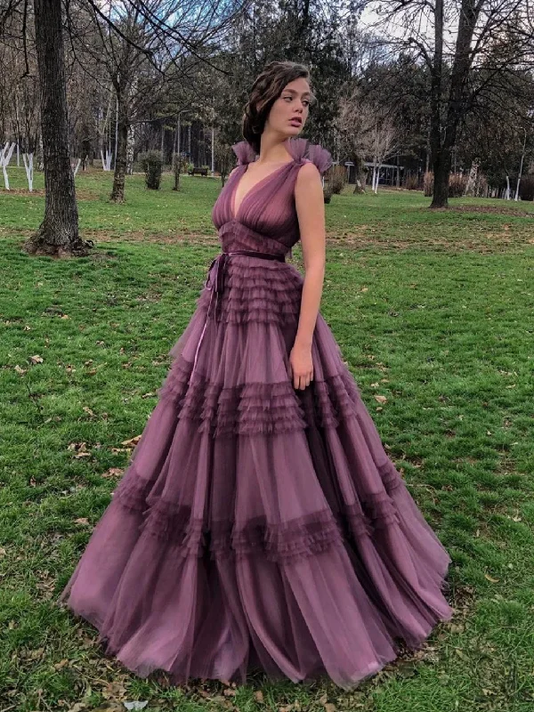 two-piece prom dressesDusty Purple Long A-line Prom Dresses, Chic Tulle Prom Dresses, High Waist Prom Dresses